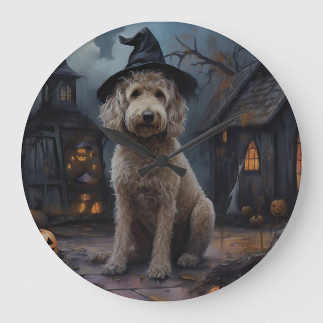 Relógio Grande Goldendoodle Pumpkins Halloween Assustado (Frente)