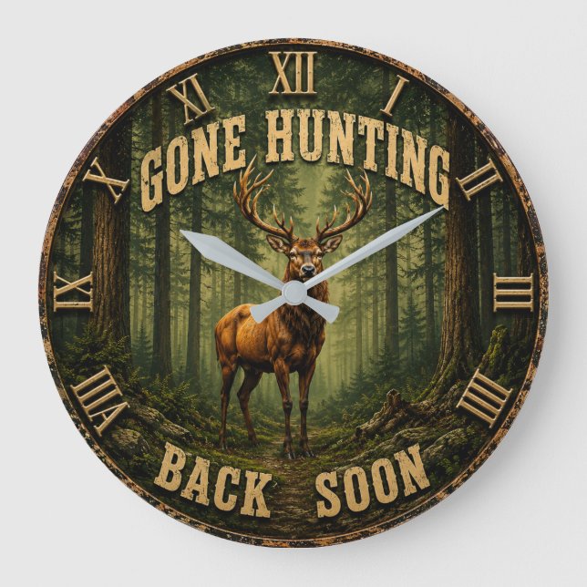 Relógio Grande Gone Hunting Back Soon Rustic Hunter Cabin (Frente)