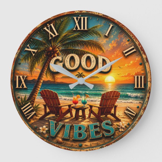 Relógio Grande Good Vibes Tropical Beach (Frente)