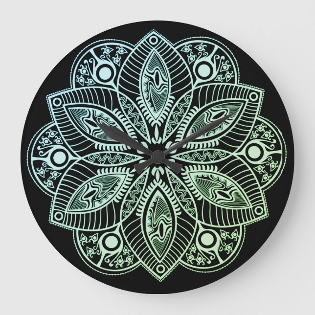 Relógio Grande Gradiente de Mandala Verde Tribal Exótico (Frente)