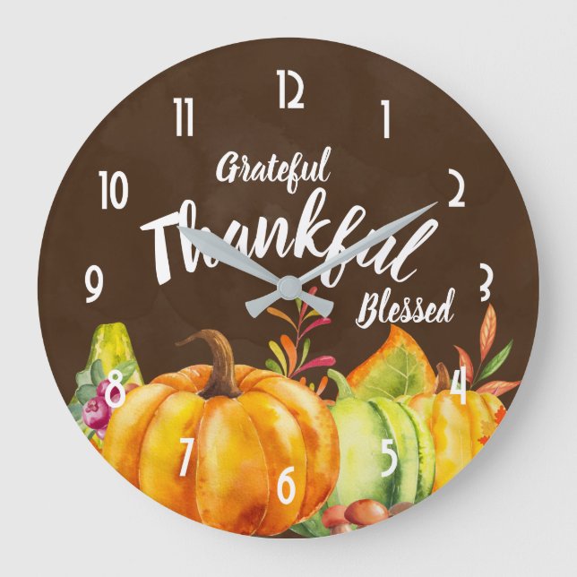Relógio Grande Grata Agradeço aos abençoados Pumpkins em Watercol (Frente)