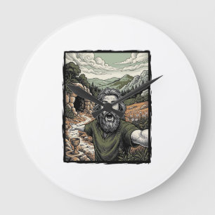 Relógio Grande Gravura Antiga Surpreso Retrato Barbudo Desenho