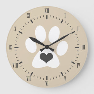 Relógio Grande Gray Heart White Paw Print Roman Numerals Name