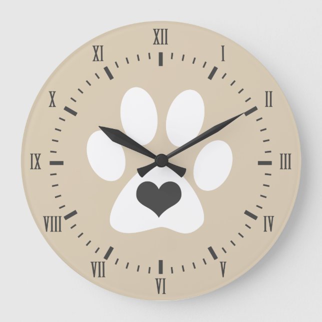 Relógio Grande Gray Heart White Paw Print Roman Numerals Name (Frente)