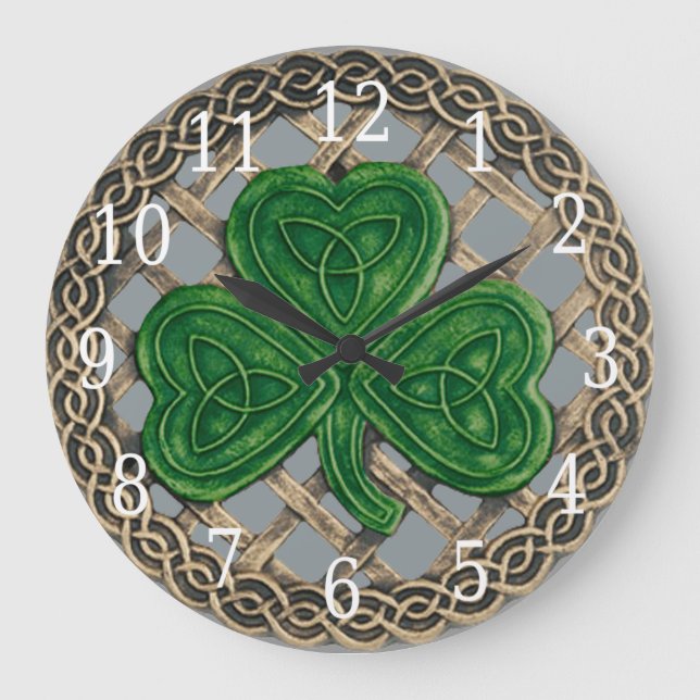 Relógio Grande Gray Shamrock And Celtic Knots Round Clock (Frente)
