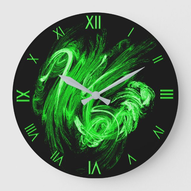 Relógio Grande Green Flame w/ Lime Roman Numerals Wall Clock (Frente)