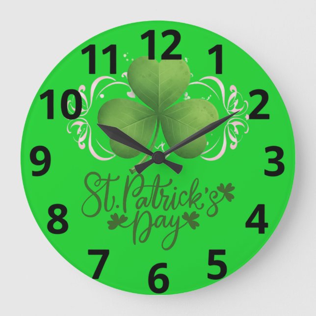 Relógio Grande Green Shamrock St. Patrick's Day Wall Clock (Frente)