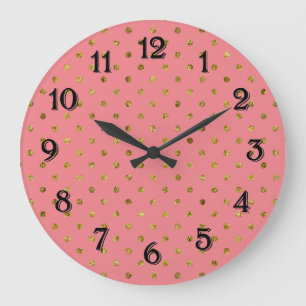 Relógio Grande Grelha Dourada Chic e Pontos Rosa
