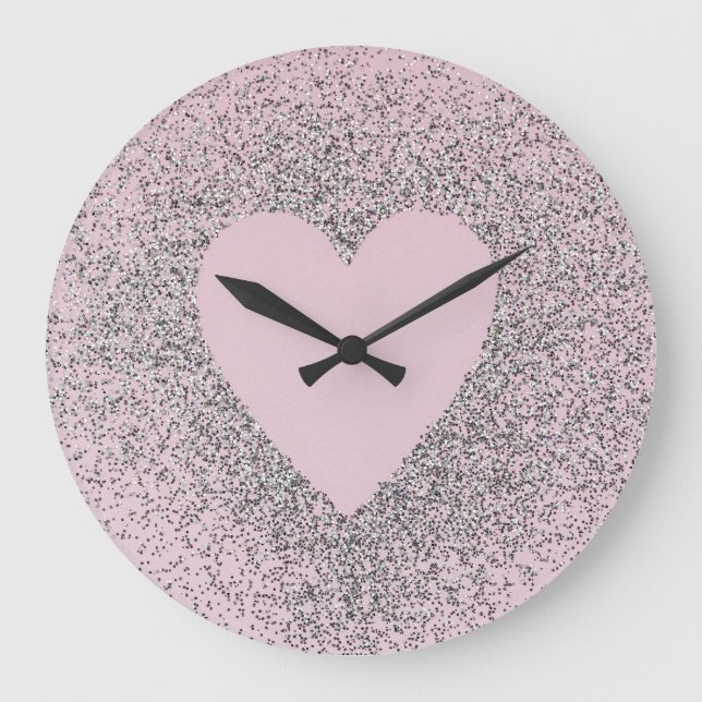 Relógio Grande Grey Glitter Canvas Art with Pink Heart (Frente)