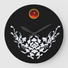 Relógio Grande GRIFFINS E FLORES BRANCOS, Pedra Gem Rubi Vermelha