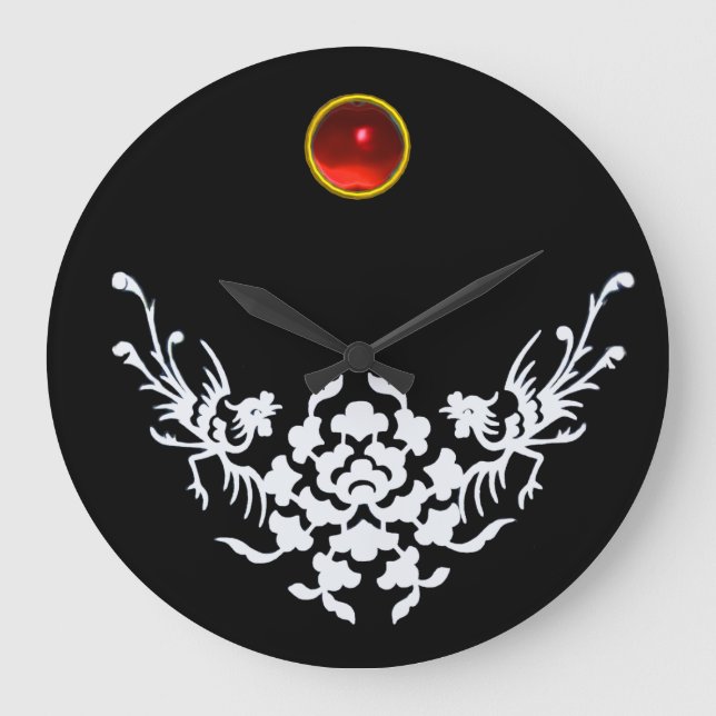 Relógio Grande GRIFFINS E FLORES BRANCOS, Pedra Gem Rubi Vermelha (Frente)