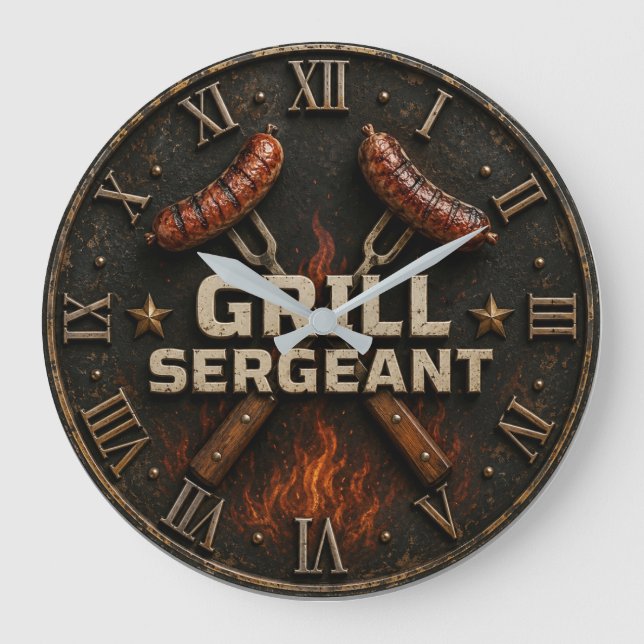 Relógio Grande Grill Sergeant Funny BBQ Grill Master Barbecue  (Frente)