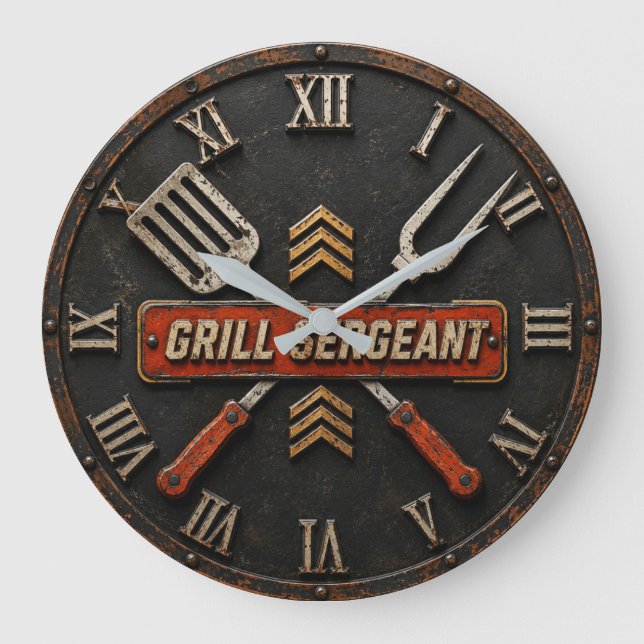 Relógio Grande Grill Sergeant Funny BBQ Grill Master Man Cave  (Frente)