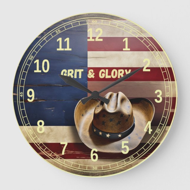 Relógio Grande Grit & Glory Cowboy Hat USA Flag Wall Clock (Frente)