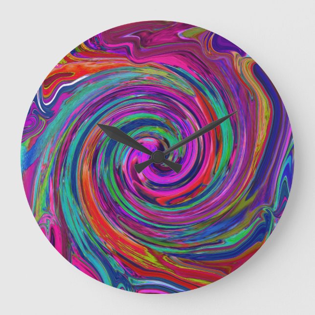 Relógio Grande Groovy Abstrato Retro Magenta Dark Rainbow Swirl (Frente)