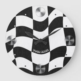 Relógio Grande Groovy Ondulado Xadrez Preto e Branco