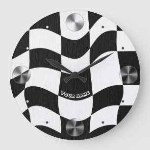 Relógio Grande Groovy Ondulado Xadrez Preto e Branco