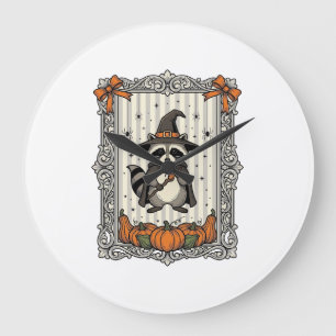 Relógio Grande Guaxinim de Halloween Bruxa Abóbora Vintage Fofo_1