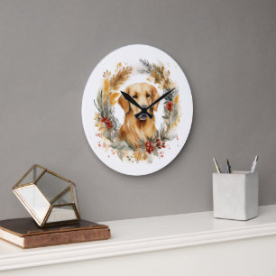 Relógio Grande Guirlanda de Natal com Cachorro Golden Retriever F