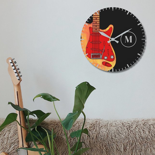 Relógio Grande Guitarra elétrica personalizada (Electric guitar monogram black wall clock)