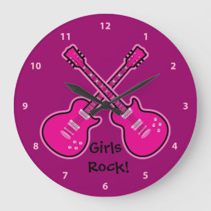 Relógio Grande Guitarras Negras, Rosa Funk, Girls Rock Clock