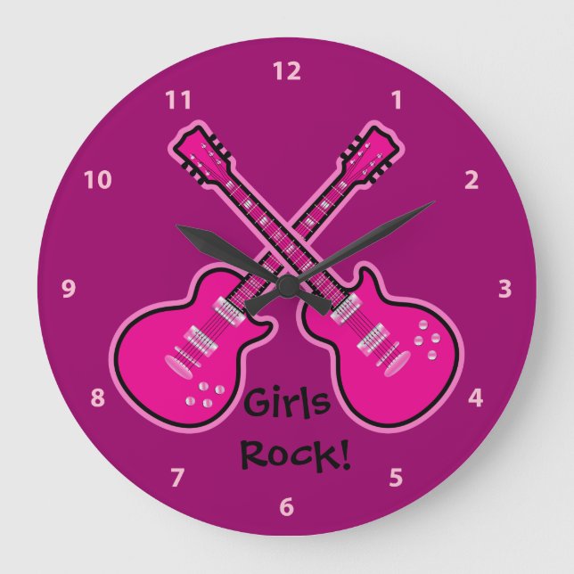Relógio Grande Guitarras Negras, Rosa Funk, Girls Rock Clock (Frente)