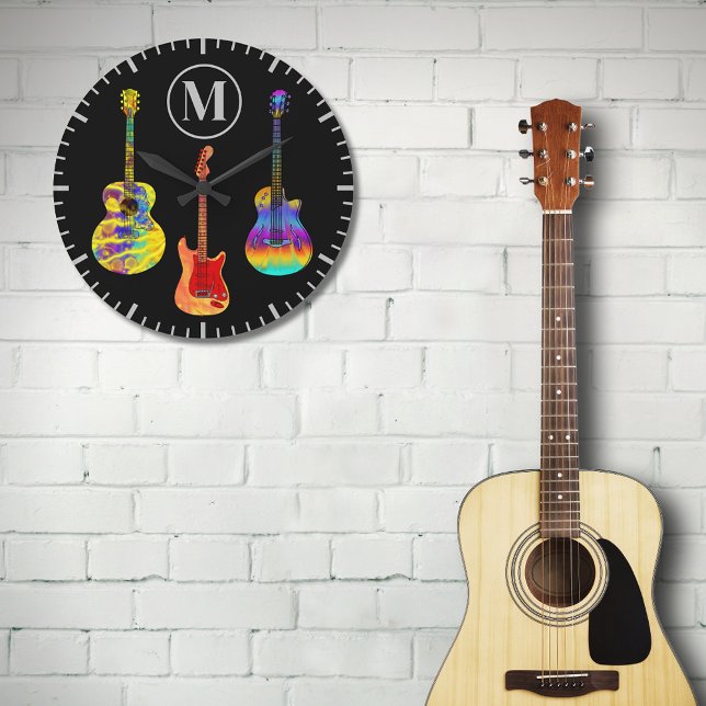 Relógio Grande Guitarras Psicodélicas Funky (Cool colorful guitar black monogram modern wall clock for guitarist and musicians )
