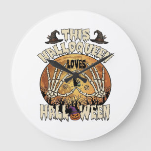 Relógio Grande Halloqueen Ama o Halloween Esqueleto Mãos Gato Pre