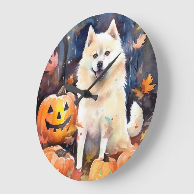 Relógio Grande Halloween American Akita Com Pumpkins Assustado (Ângulo)