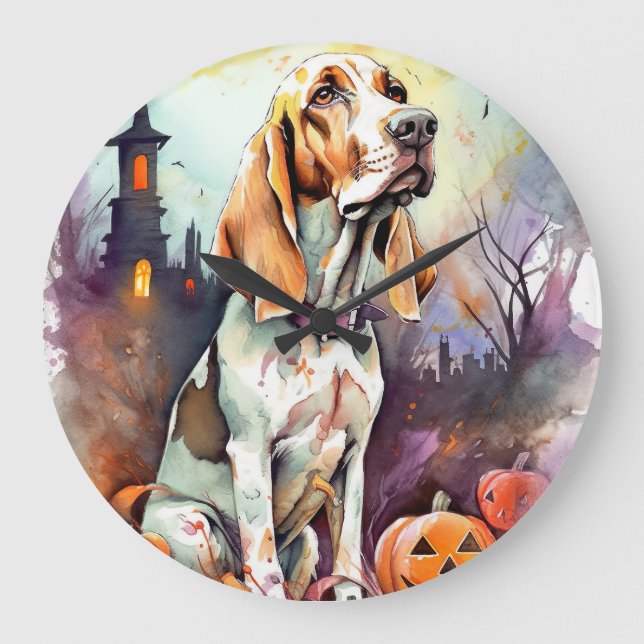 Relógio Grande Halloween Basset Hound Com Pumpkins Assustado (Frente)