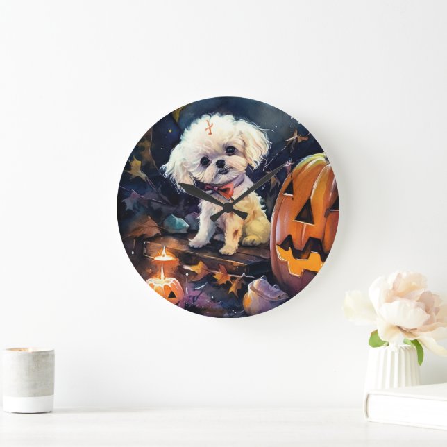 Relógio Grande Halloween Bichon Frise Com Pumpkins Assustado (Lar)