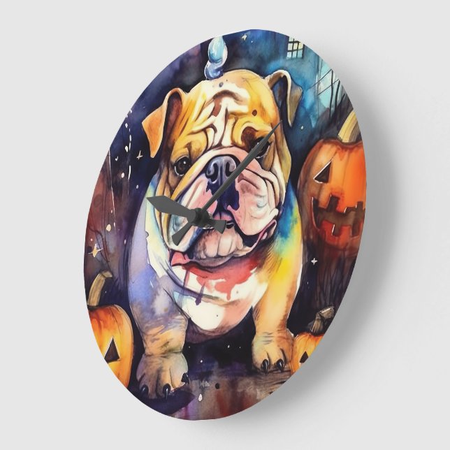 Relógio Grande Halloween Bulldog Com Pumpkins Assustado (Ângulo)