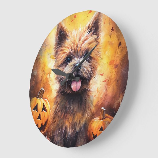 Relógio Grande Halloween Cairn Terrier Com Pumpkins Assustado (Ângulo)