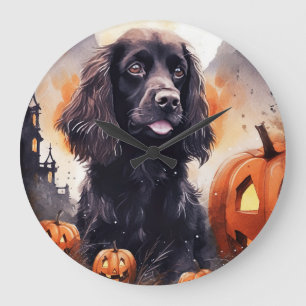 Relógio Grande Halloween Cocker Spaniel Com Pumpkins
