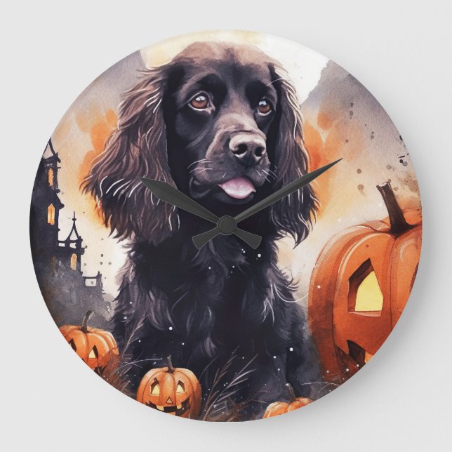 Relógio Grande Halloween Cocker Spaniel Com Pumpkins (Frente)