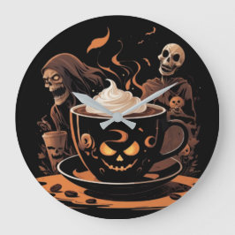 Relógio Grande Halloween Coffee Art – Spooky Latte with Skeletons
