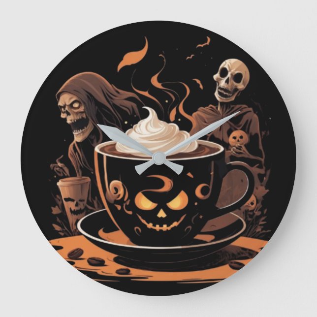 Relógio Grande Halloween Coffee Art – Spooky Latte with Skeletons (Frente)