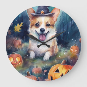 Relógio Grande Halloween Corgi Com Pumpkins Assustado