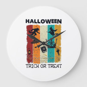 Relógio Grande Halloween Doces ou Travessuras Lobisomem Bruxa Esq
