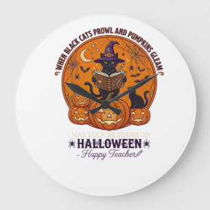 Relógio Grande Halloween Feliz Professor Gato Preto Chapéu de Bru
