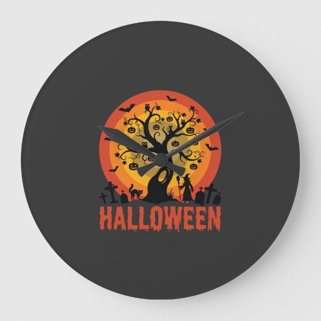 Relógio Grande Halloween Haunted Tree Witch and Black Cats (Frente)
