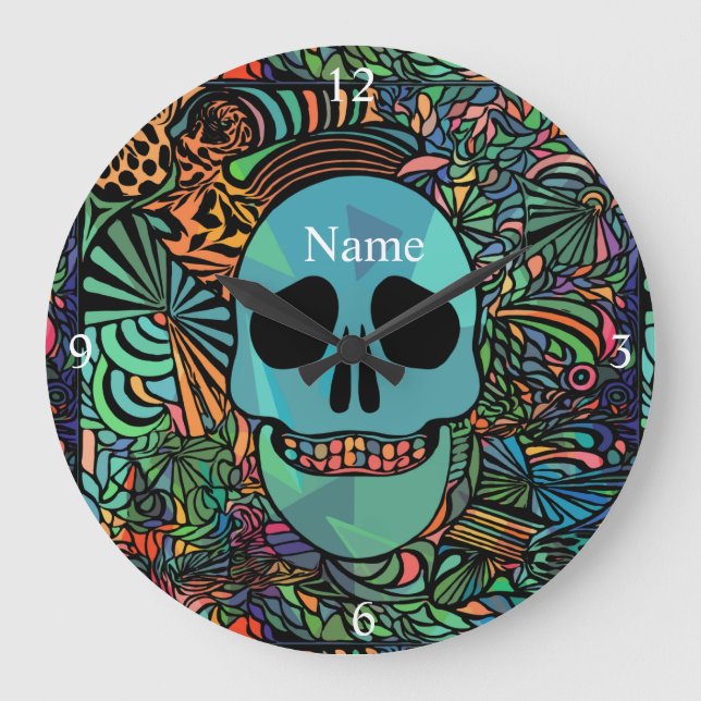 Relógio Grande Halloween Hippie Skull Thunder_Cove (Frente)