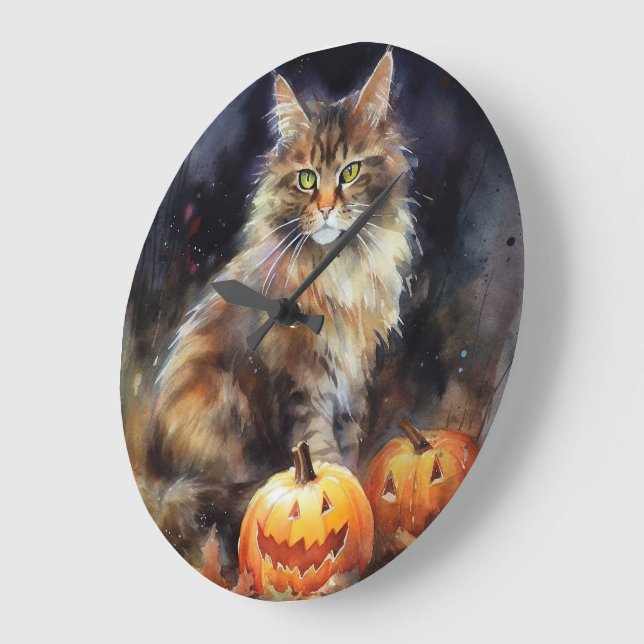 Relógio Grande Halloween Maine Coon Cat Com Pumpkins Assustado (Ângulo)