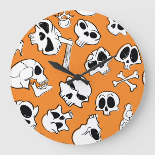 Relógio Grande Halloween Skulls Bones Doodle Patterno