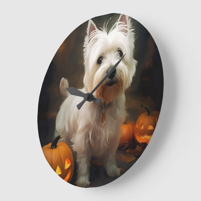 Relógio Grande Halloween West Highland White Terrier Pumpkins (Ângulo)