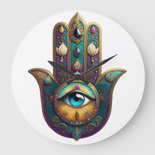 Relógio Grande Hamsa Violeta Dourado Turquesa c/ Terceiro Olho Tu