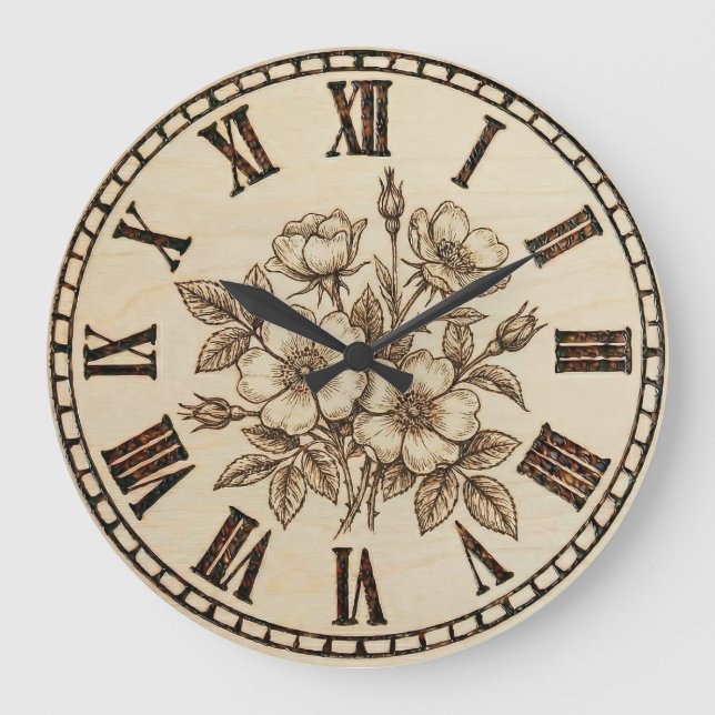 Relógio Grande Handcrafted Floral Wood Wall Clock (Frente)