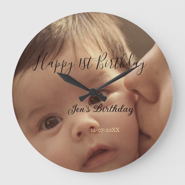 Relógio Grande Happy 1st birthday name photo date stylish calligr (Frente)