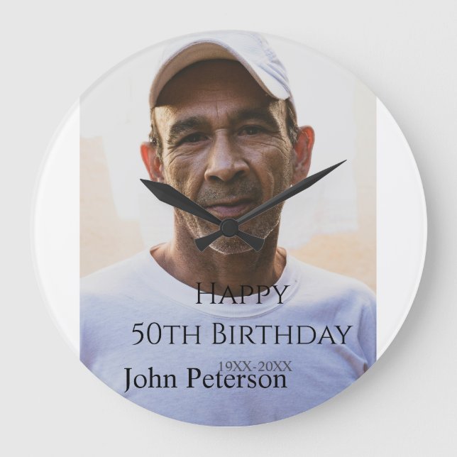 Relógio Grande Happy 50th birthday name photo year man simple min (Frente)