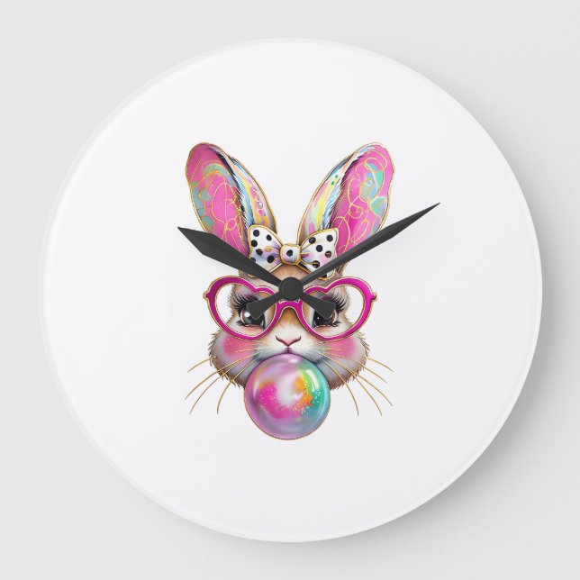 Relógio Grande Happy Easter Bunny Coquette Bow Brushstroke Easter (Frente)